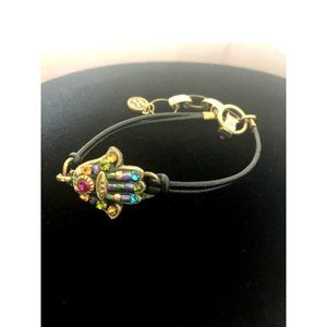 Michael Golan Bracelet Multi color crystals, gold tone setting, leather band C6